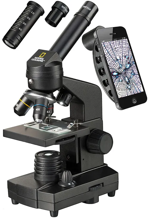 obrázek mikroskop Bresser National Geographic 40–1280x s držákem chytrého telefonu