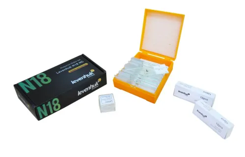 snímek sada preparátů připravených k pozorování mikroskopem Levenhuk N18 NG,  2