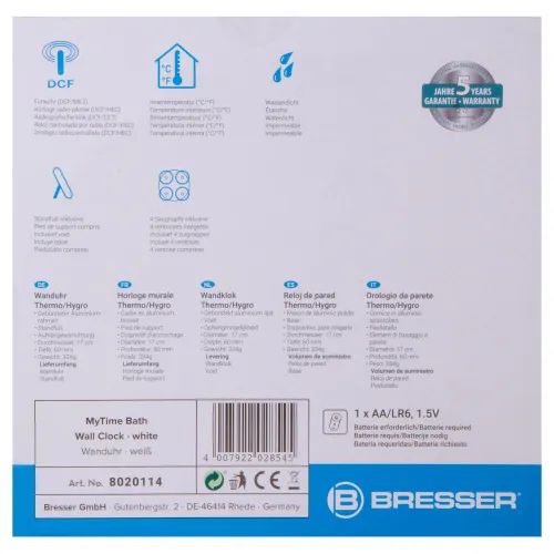 foto nástěnné vodotěsné hodiny na stěnu koupelny Bresser MyTime Bath, bílé,  8