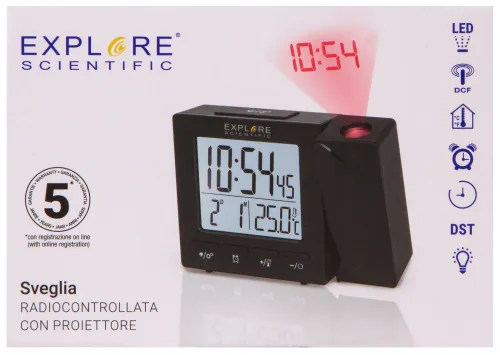 obrázek hodiny Explore Scientific RC s digitálním projektorem teploměrem pro vnitřní použití, černá barva,  16